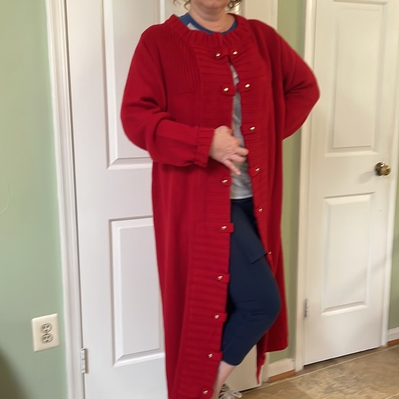 Women’s XL Red long cardigan duster coat sweater knit open front long sleeve - Picture 1 of 11